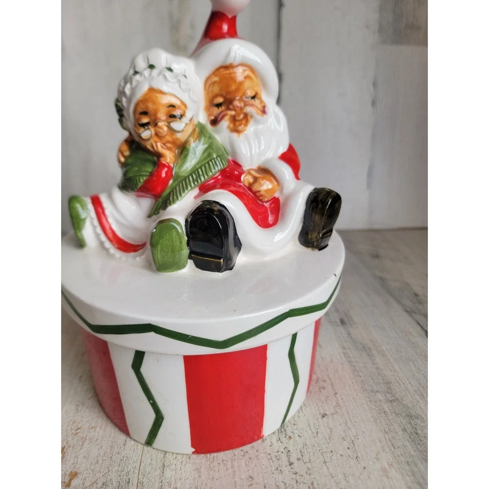 Lefton sleeping Mrs Mr Santa Claus vintage lidded container Xmas home‎